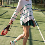 Women's Oversized Light Pink And Green Striped Vneck Sweater with Ribbed Detail