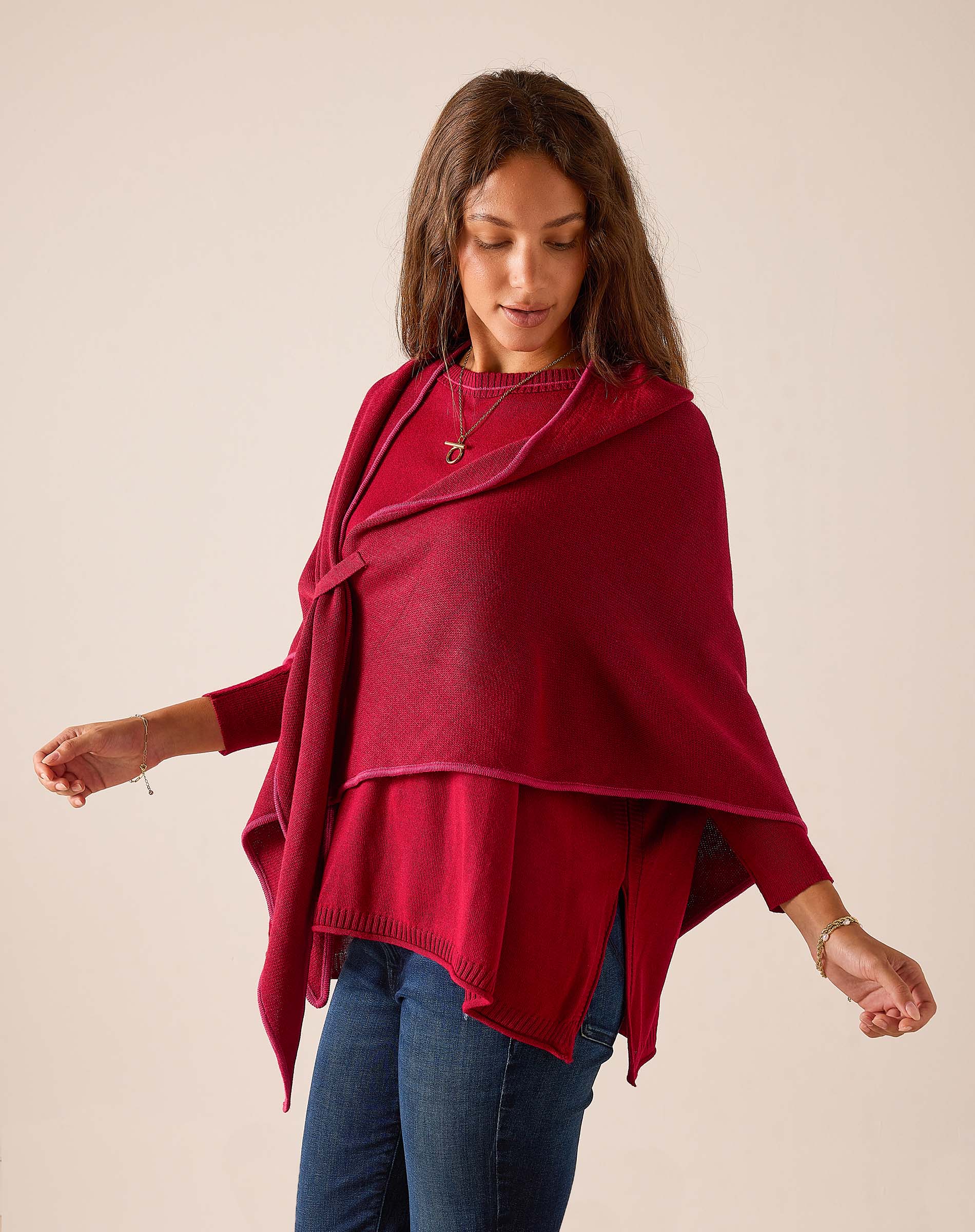 Wine pinkberry draped knit wrap scarf with a soft ribbed finish.