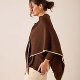 Coffee brown knit wrap with cream trim.
