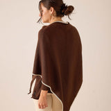 Coffee brown knit wrap with cream trim and tassels