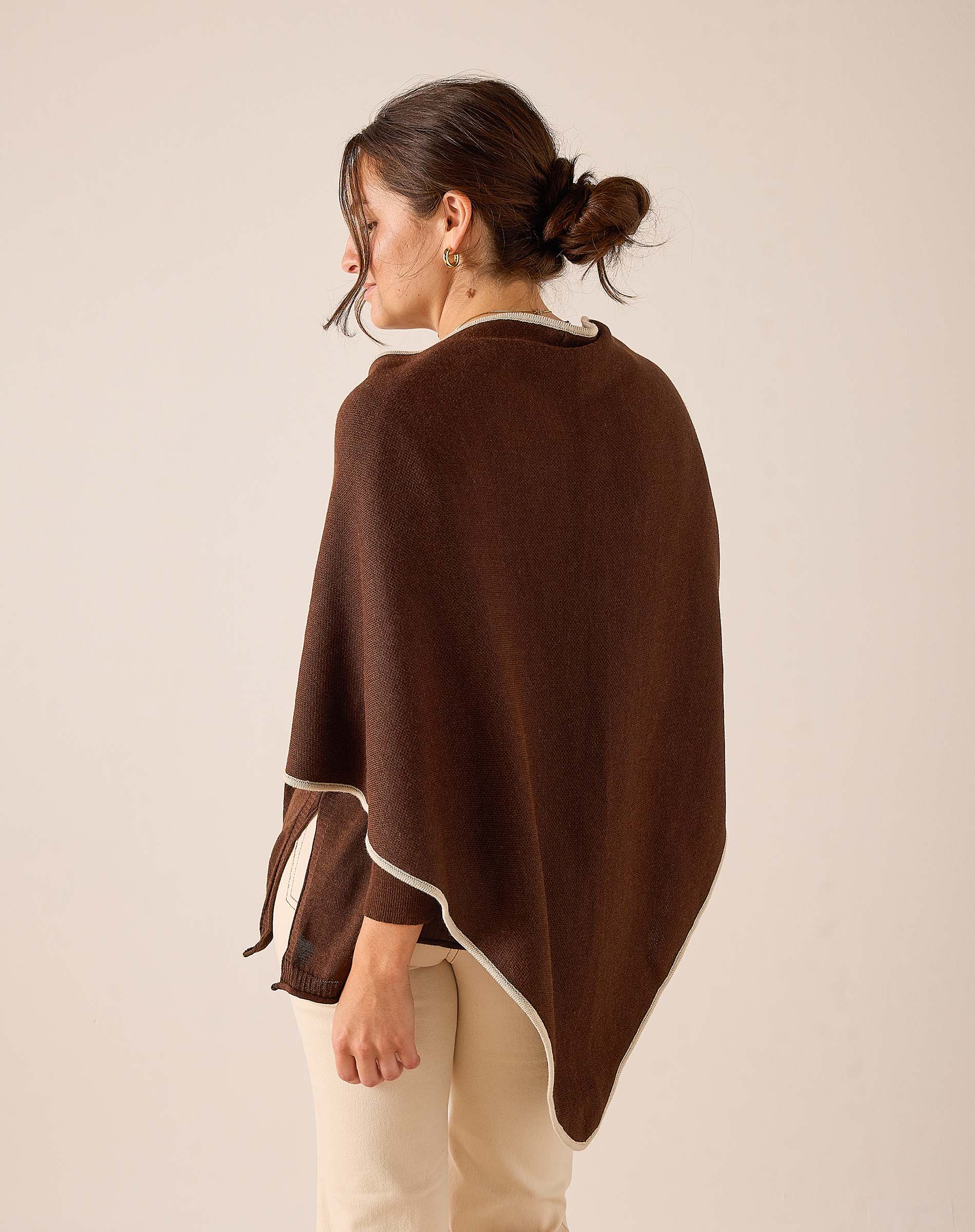 Coffee brown knit wrap with cream trim and tassels
