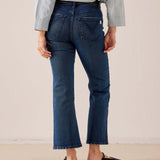 Navy blue flared leg denim jeans with back pockets