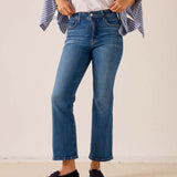 Mid-wash blue denim wide-leg jeans with a straight-leg silhouette.
