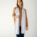 woman wearing mersea napa cashmere scarf in airy blue