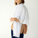 woman wearing mersea napa cashmere scarf in airy blue