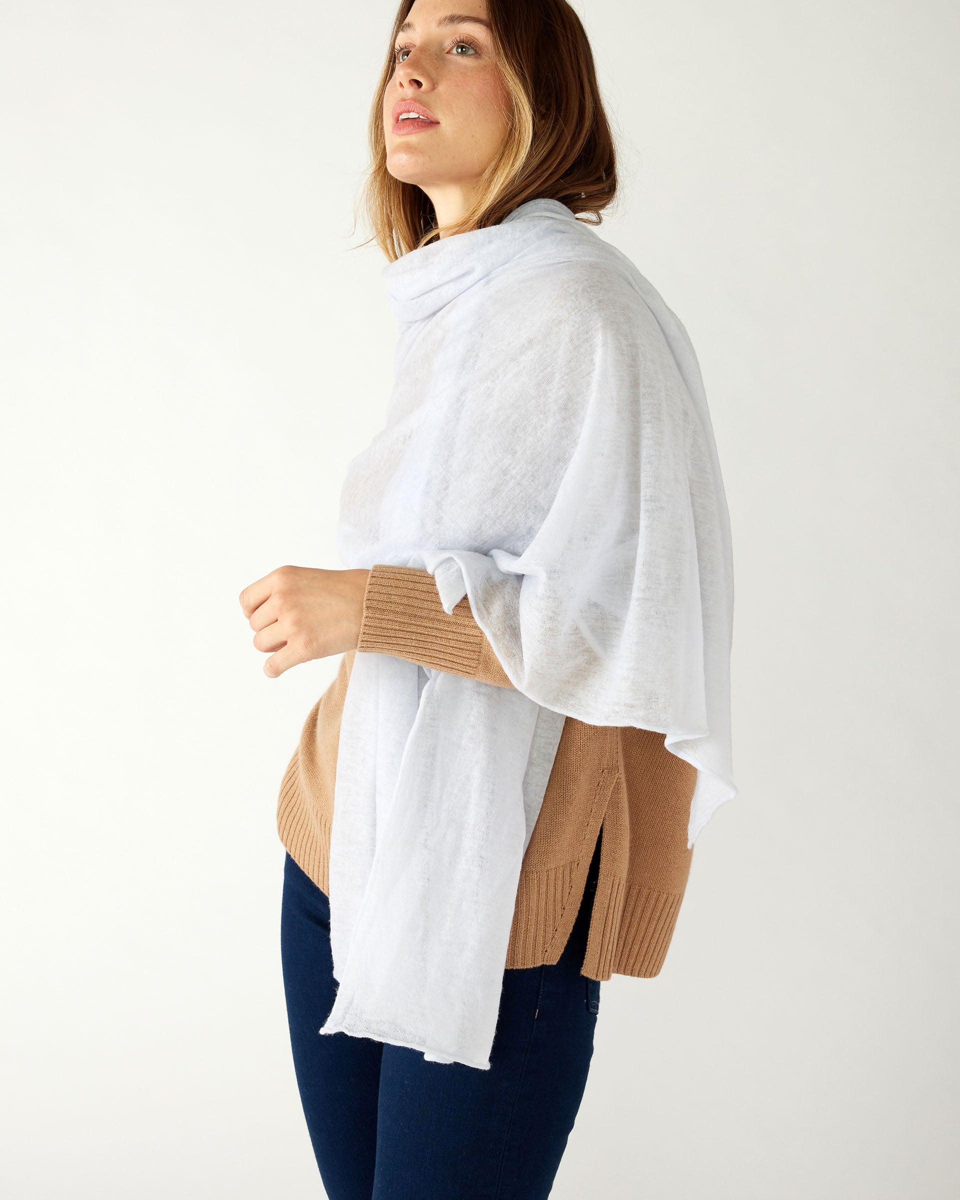 woman wearing mersea napa cashmere scarf in airy blue