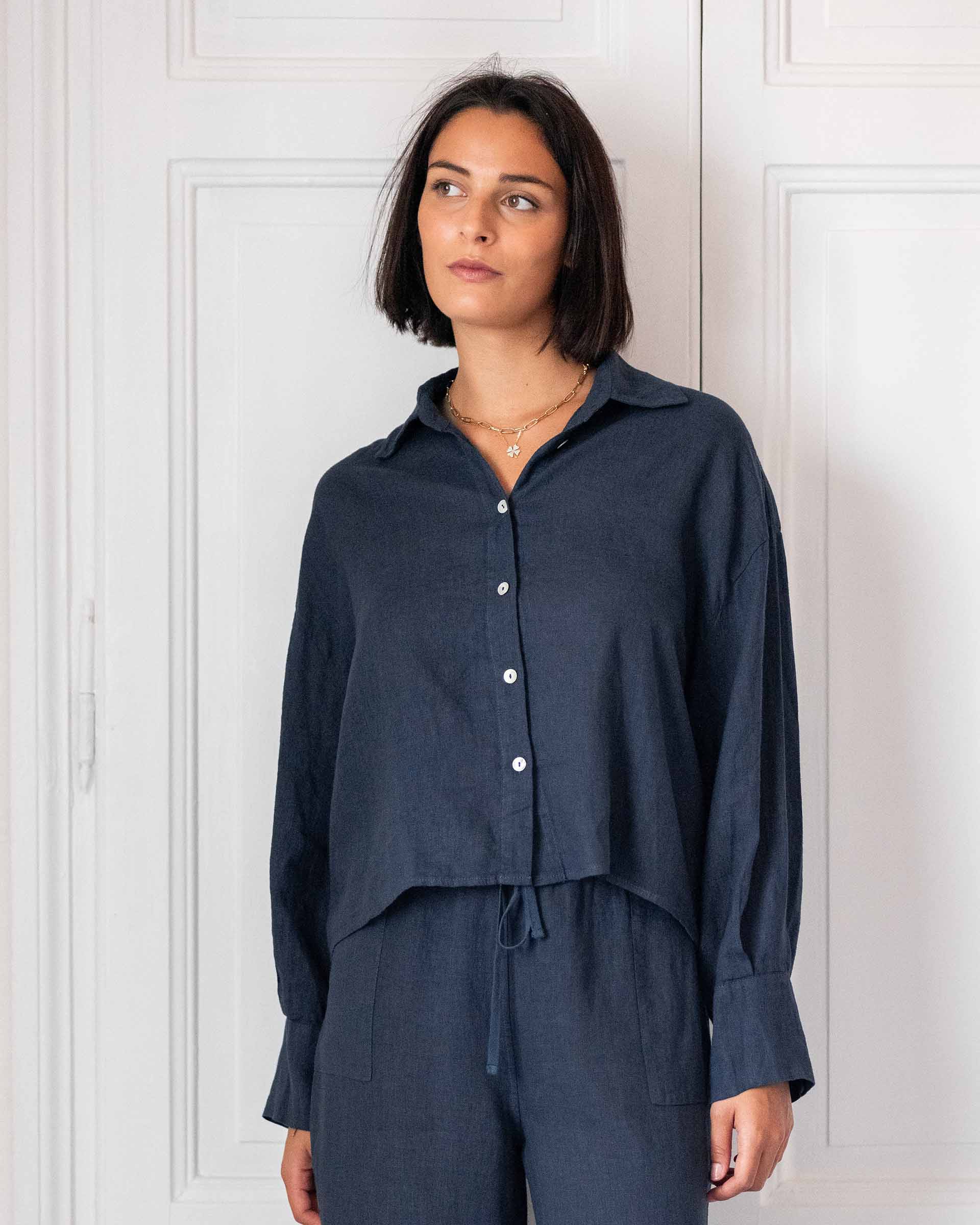 Women's Navy Linen Button Up Coverup