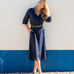 Women's Navy Linen Maxi Button Up Coverup Dress