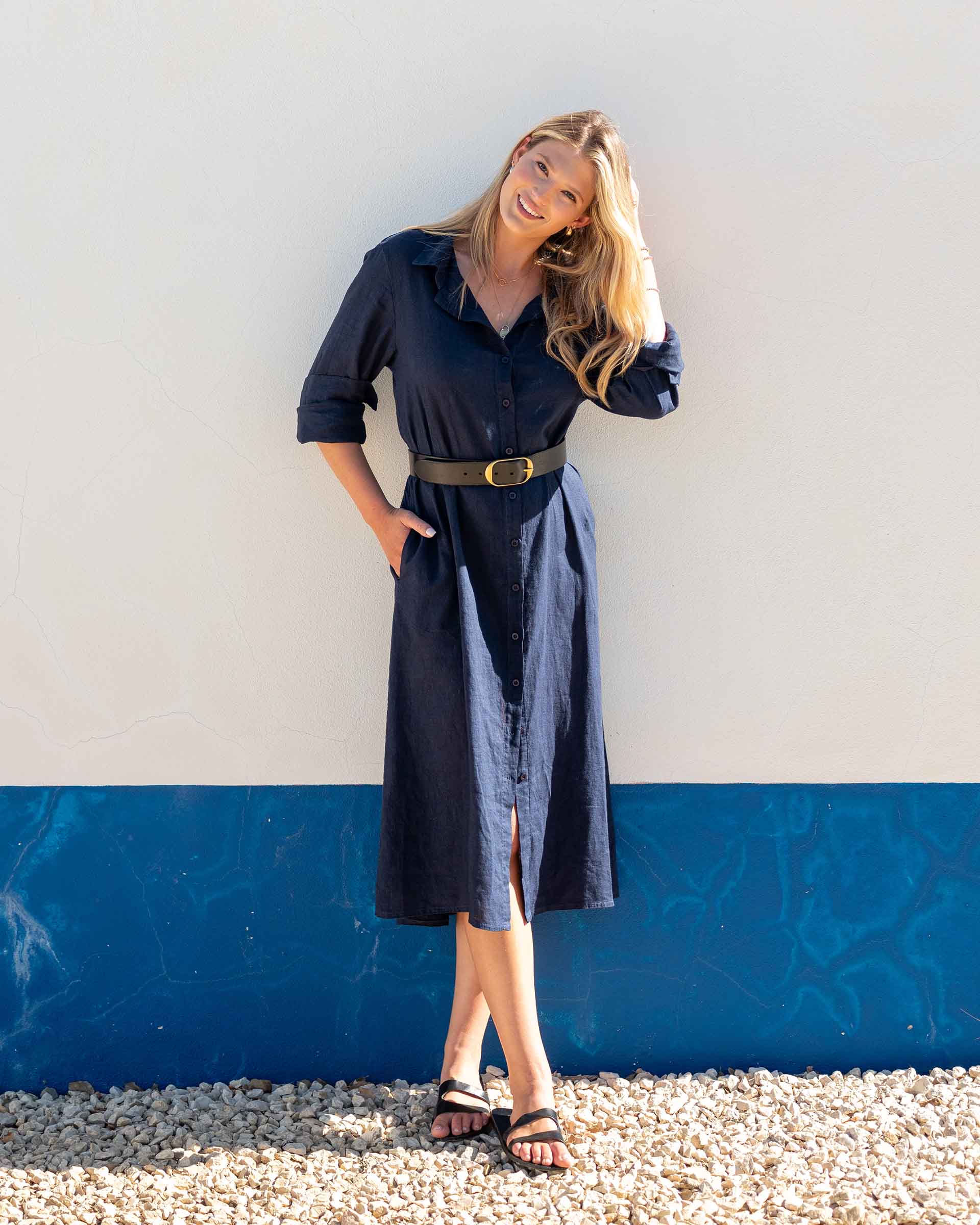 Women's Navy Linen Maxi Button Up Coverup Dress