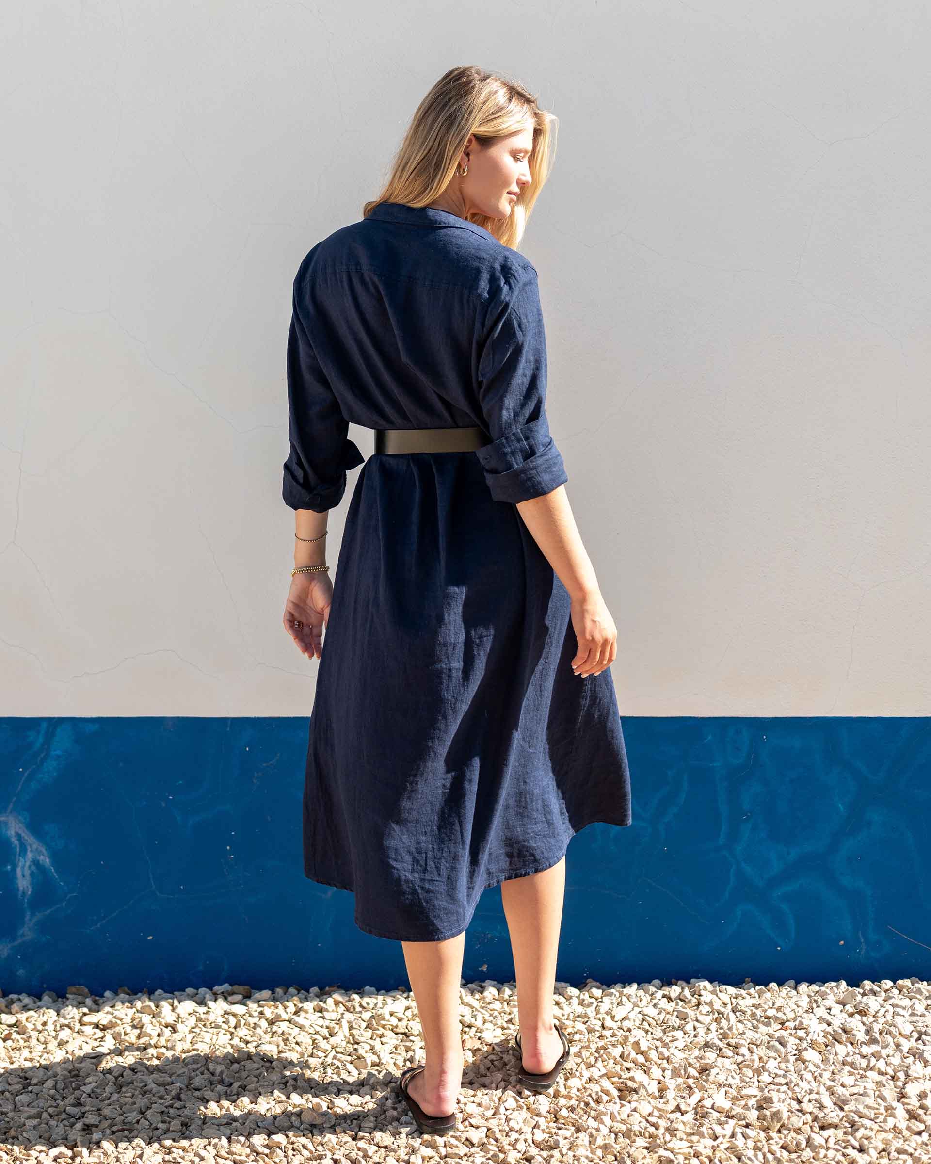 Women's Navy Linen Maxi Button Up Coverup Dress