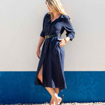 Women's Navy Linen Maxi Button Up Coverup Dress