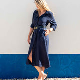 Women's Navy Linen Maxi Button Up Coverup Dress