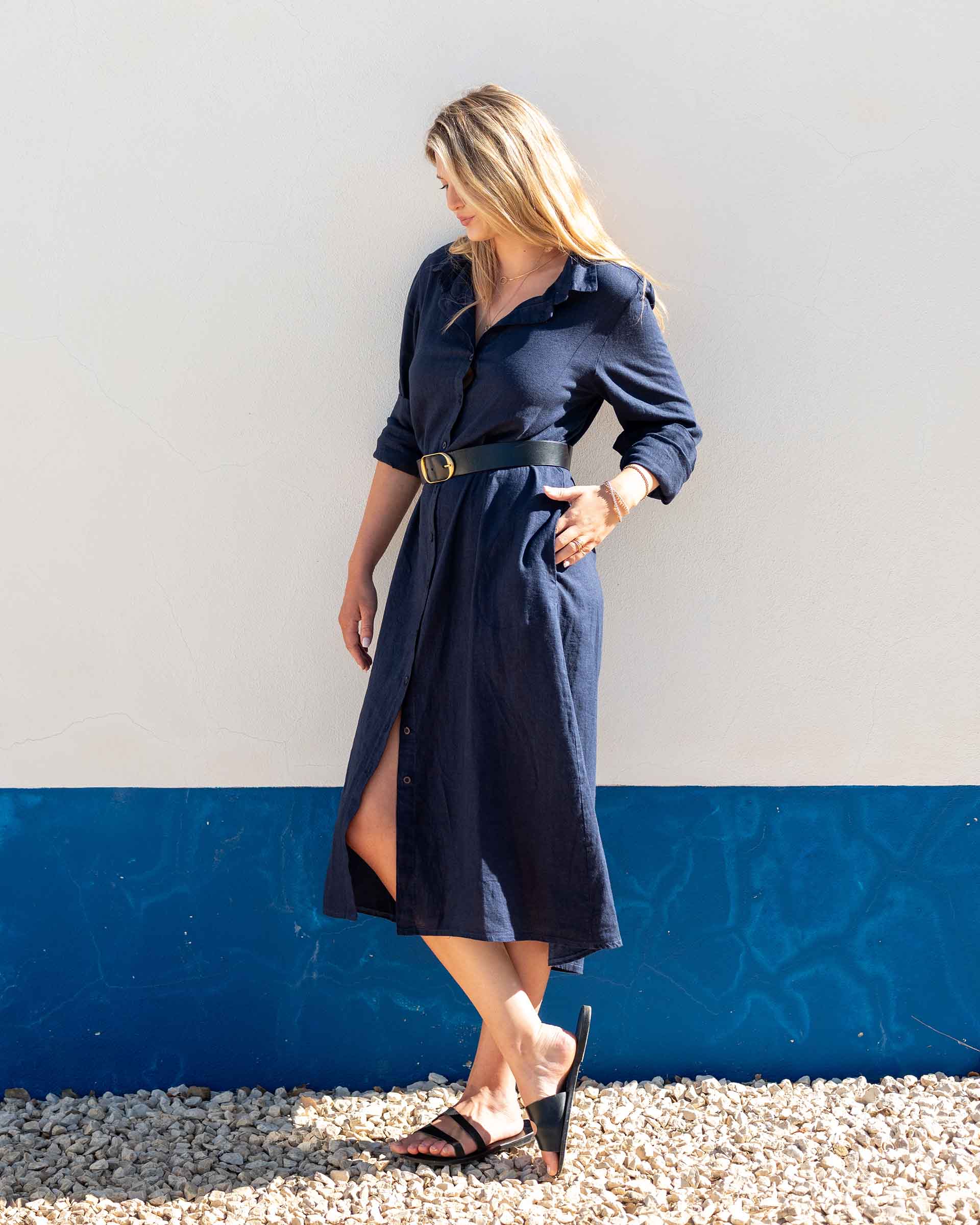 Women's Navy Linen Maxi Button Up Coverup Dress