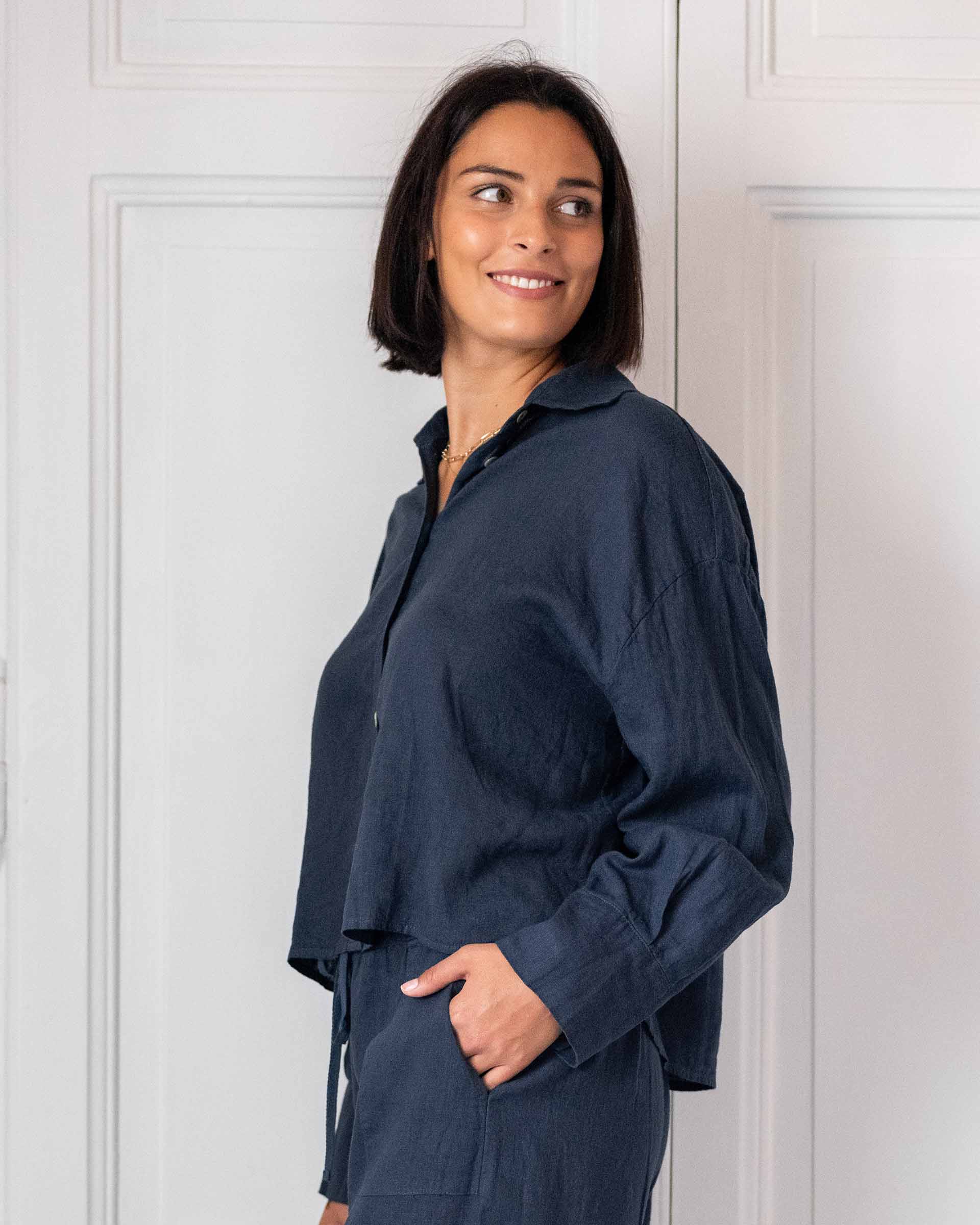 Women's Navy Linen Button Up Coverup