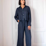 Women's Navy Linen Coverup Pants Adjustable Waistband