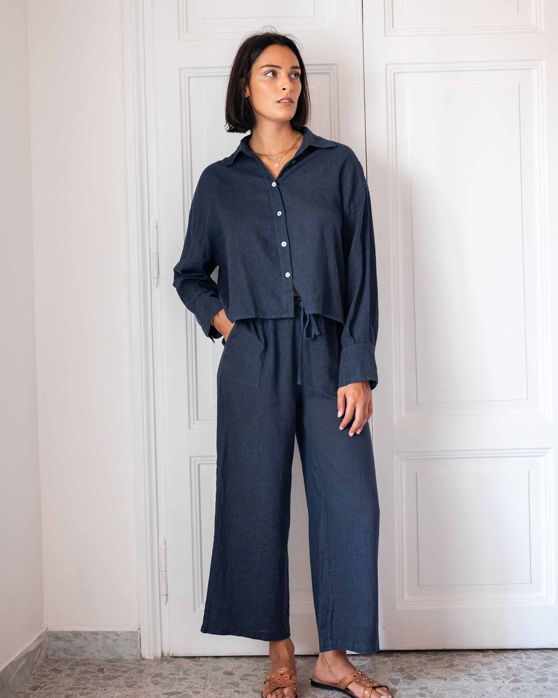Women's Navy Linen Coverup Pants Adjustable Waistband