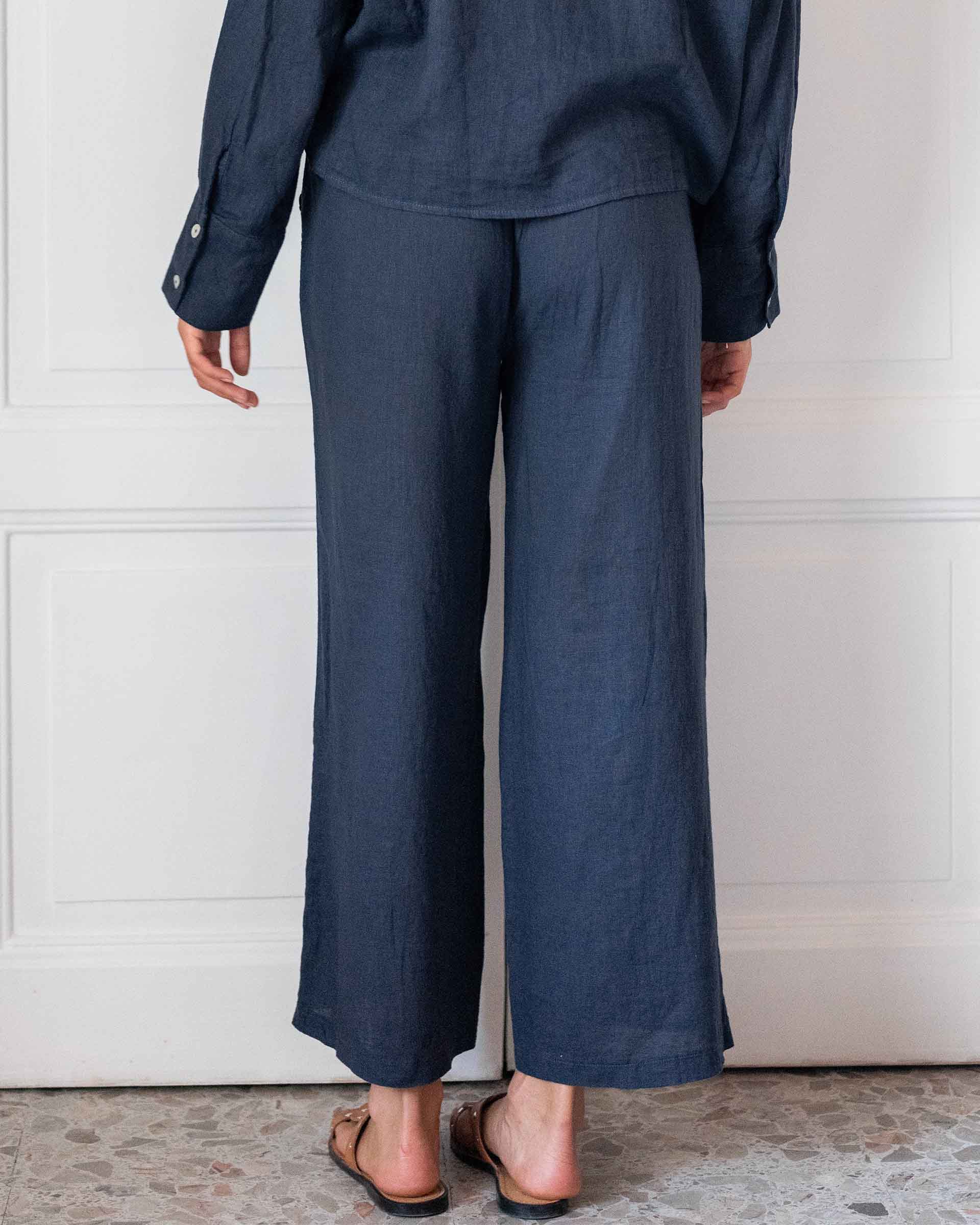 Women's Navy Linen Coverup Pants Adjustable Waistband