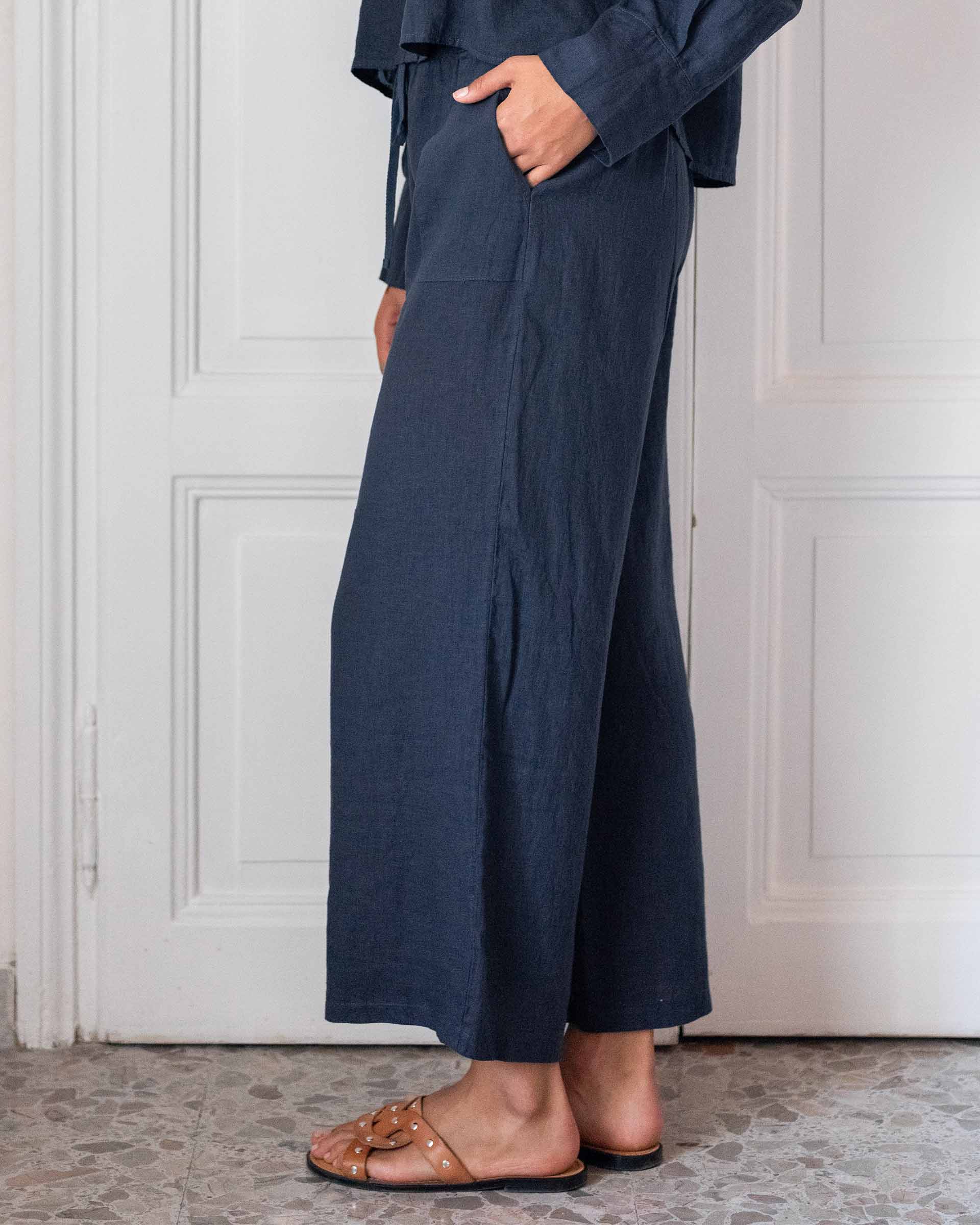 Women's Navy Linen Coverup Pants Adjustable Waistband