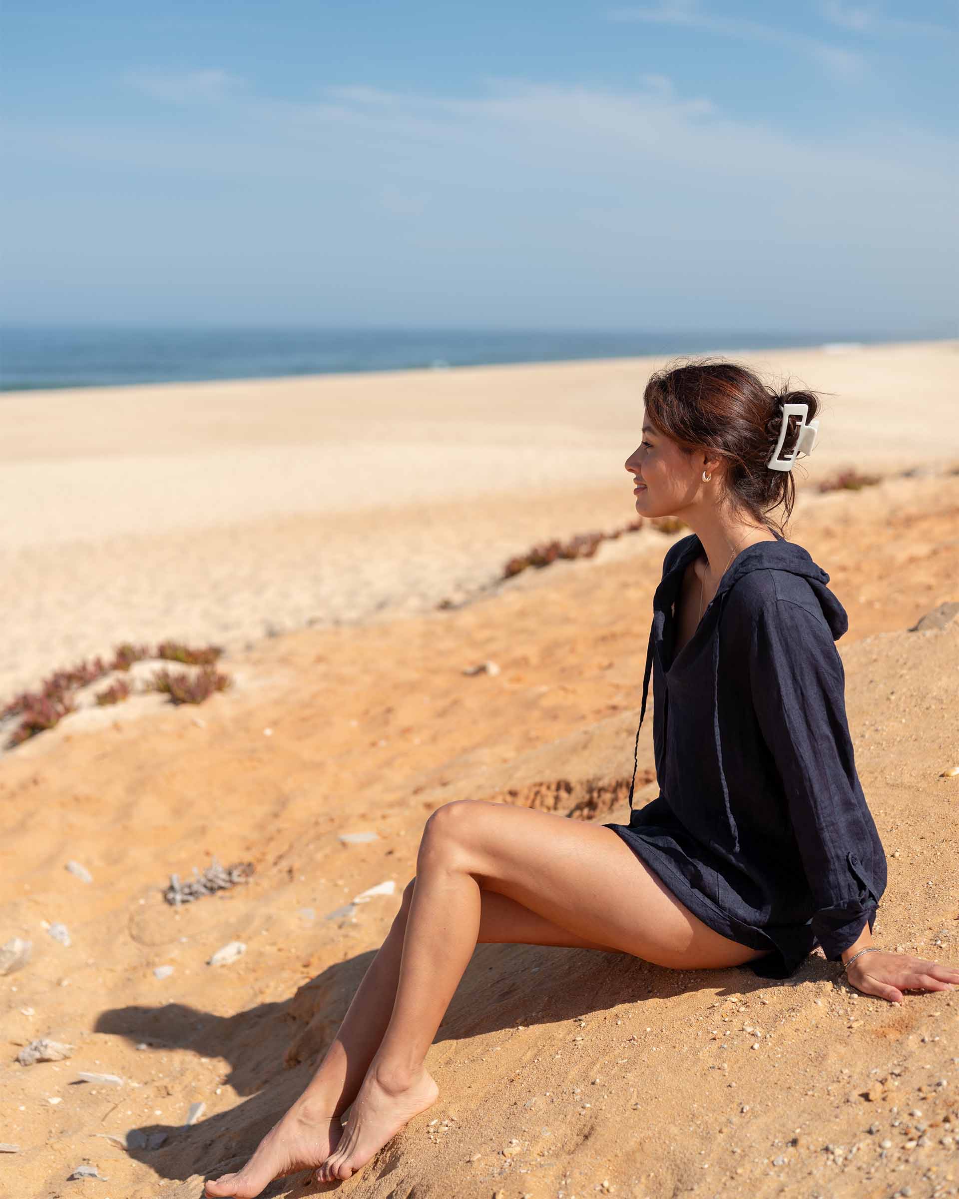 Women's Navy Linen Hoodie Tunic Coverup