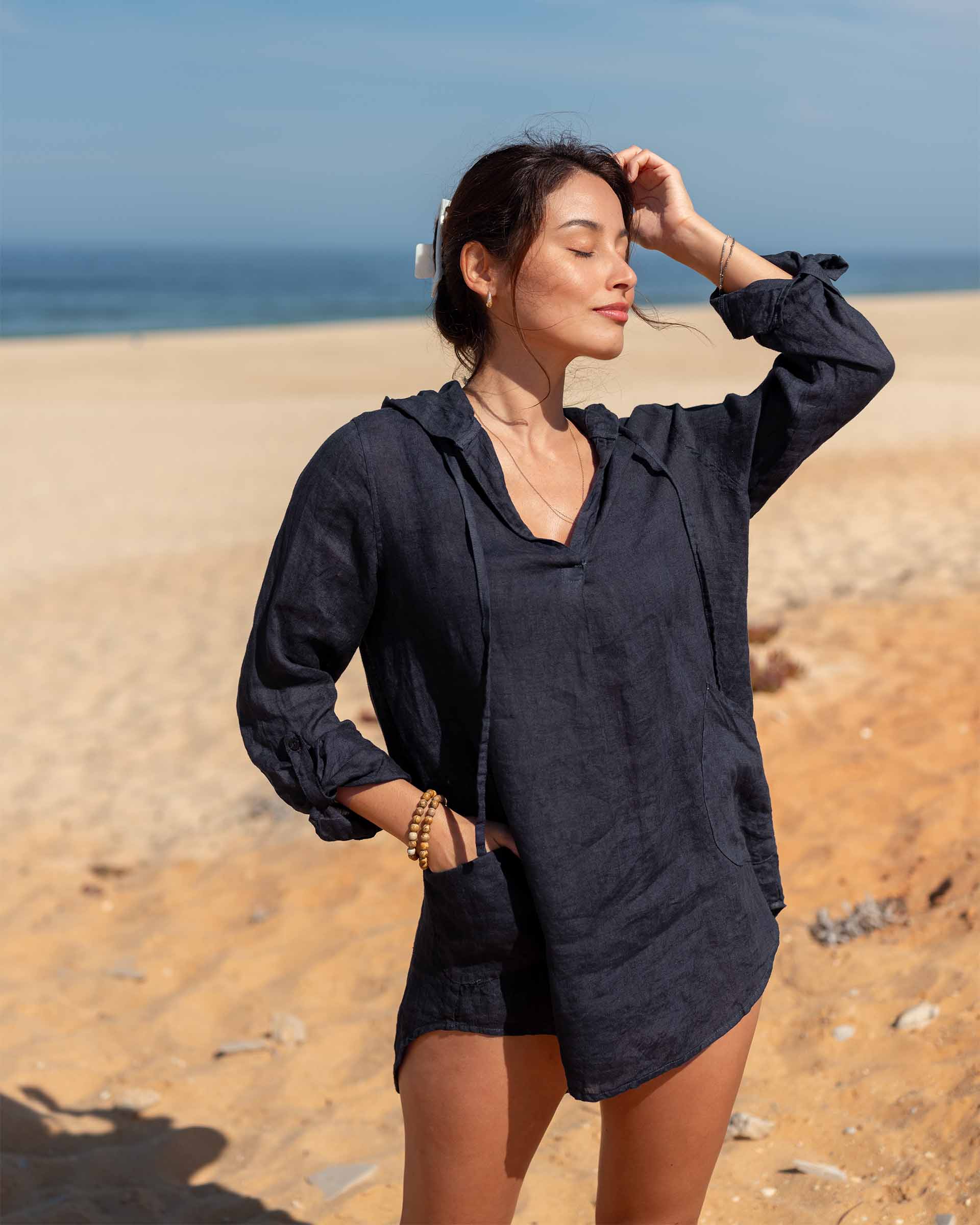 Women's Navy Linen Hoodie Tunic Coverup