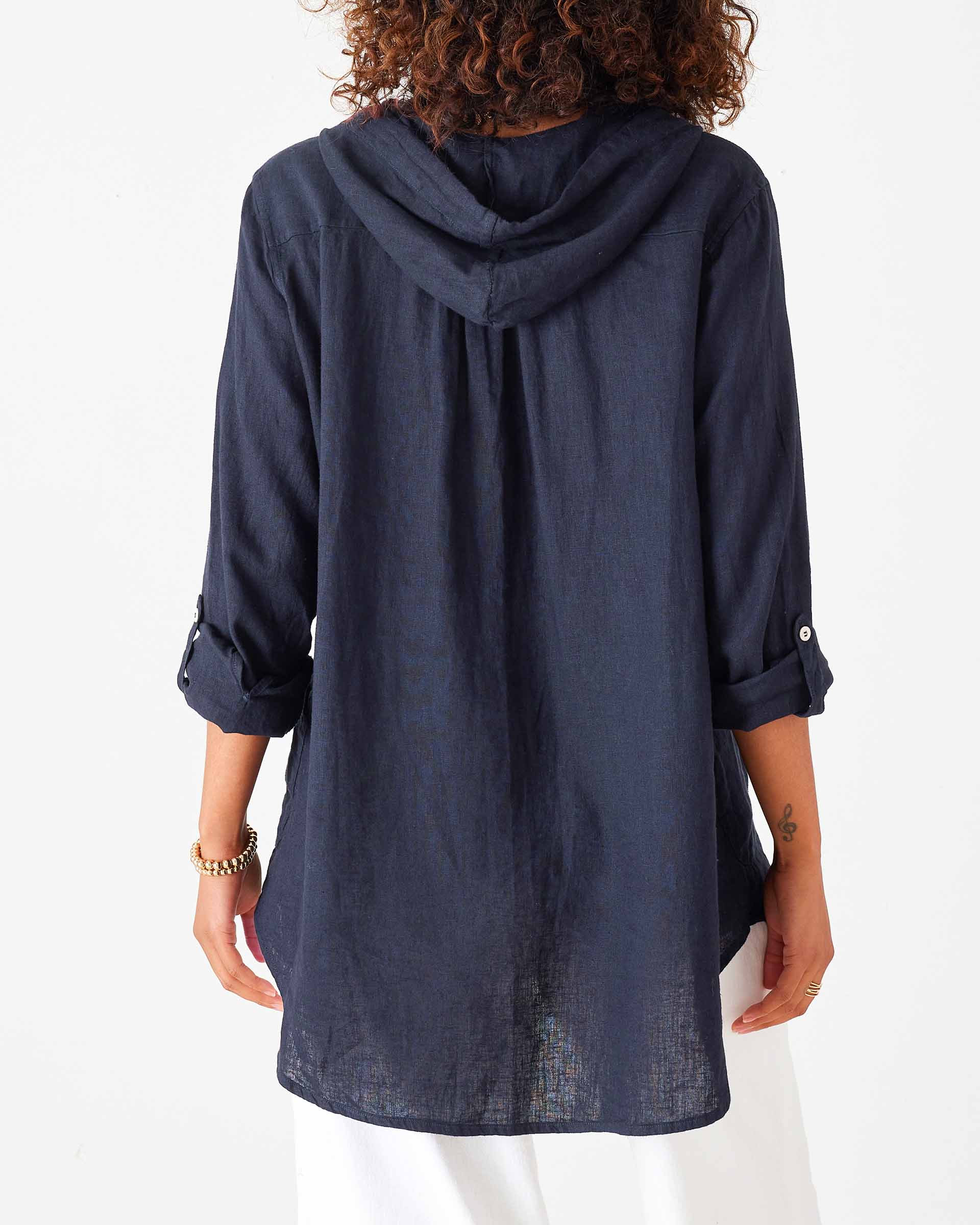 Women's Navy Linen Hoodie Tunic Coverup