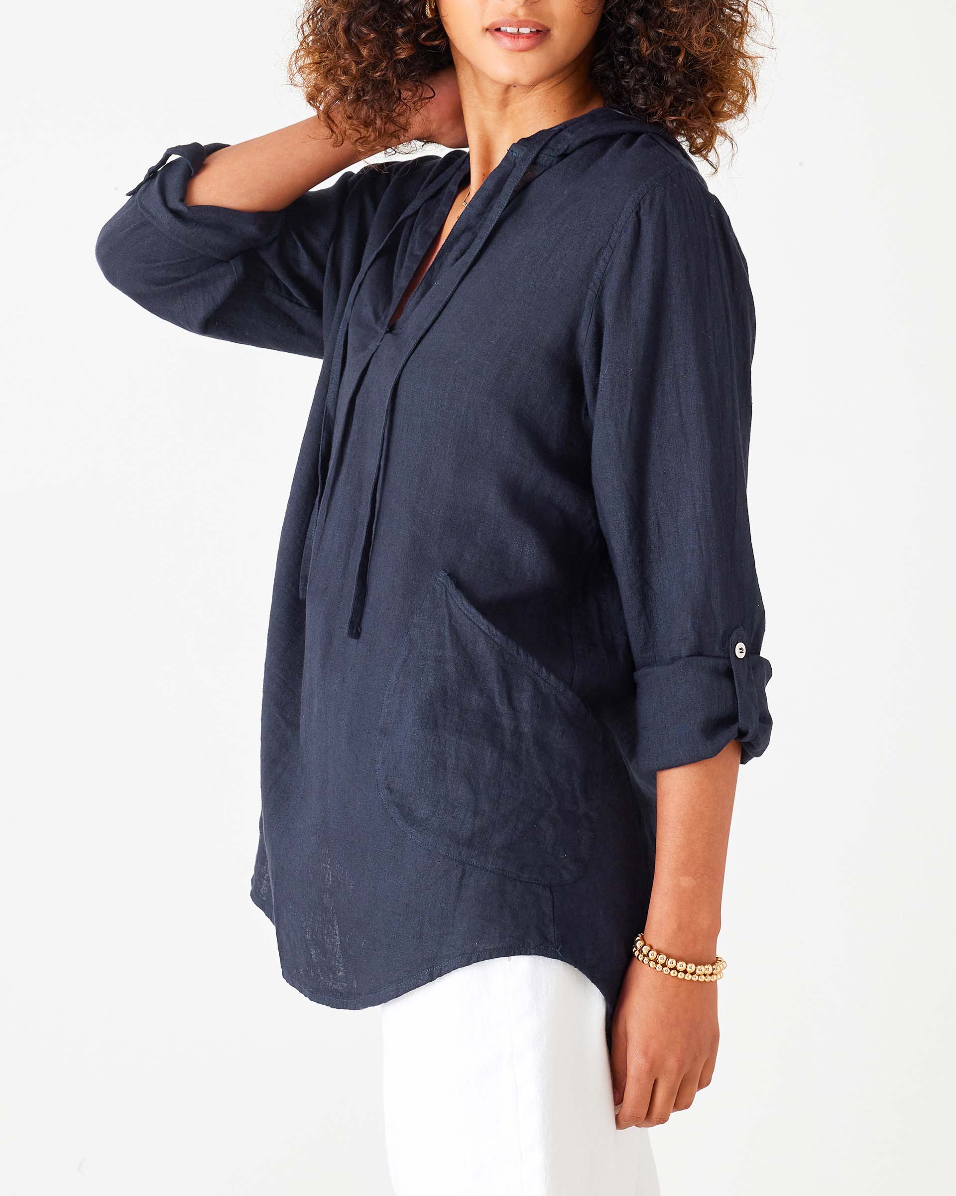 Women's Navy Linen Hoodie Tunic Coverup