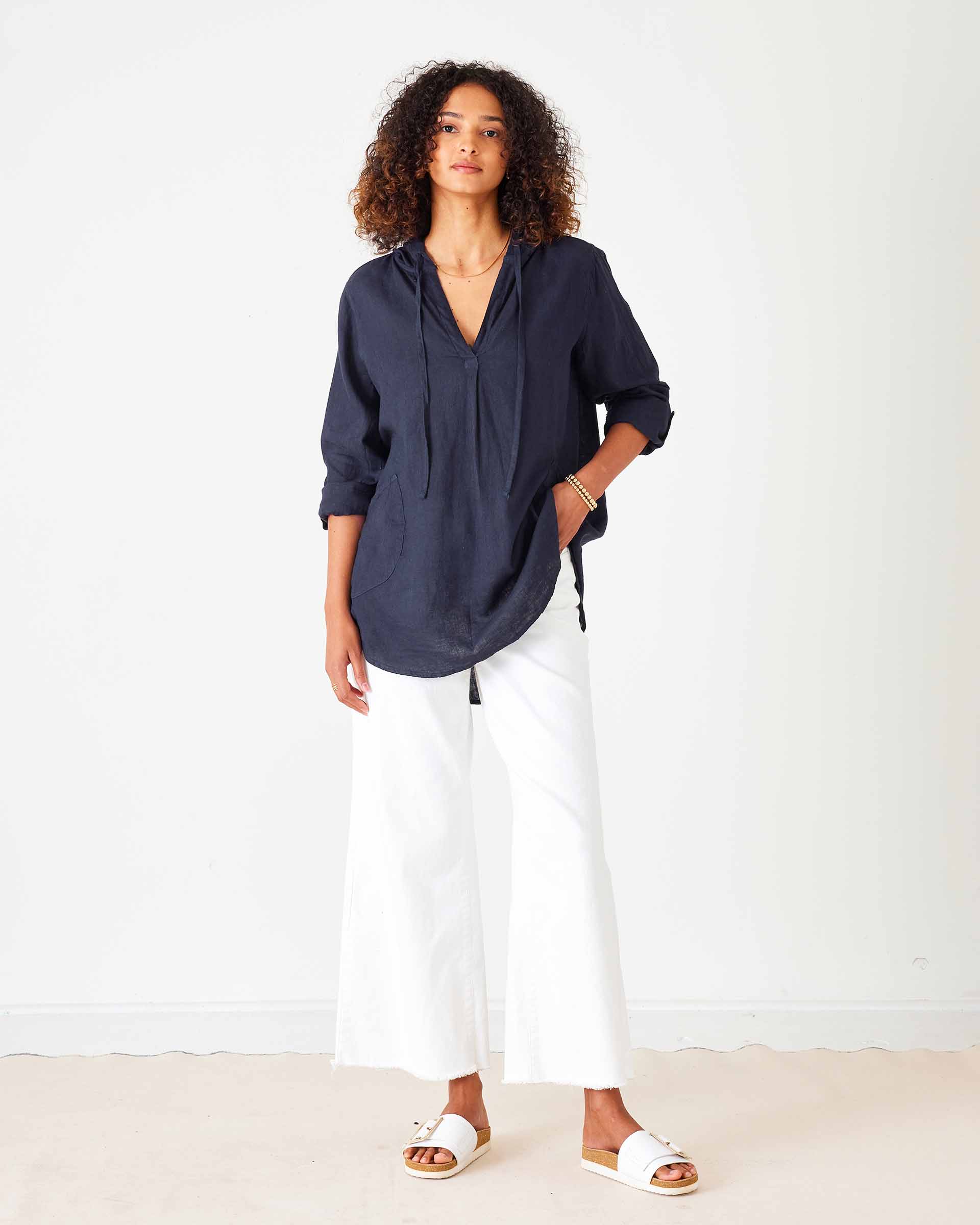 Women's Navy Linen Hoodie Tunic Coverup