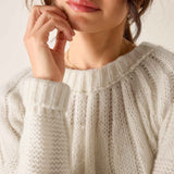 White cable knit rib sweater with ribbed trim.