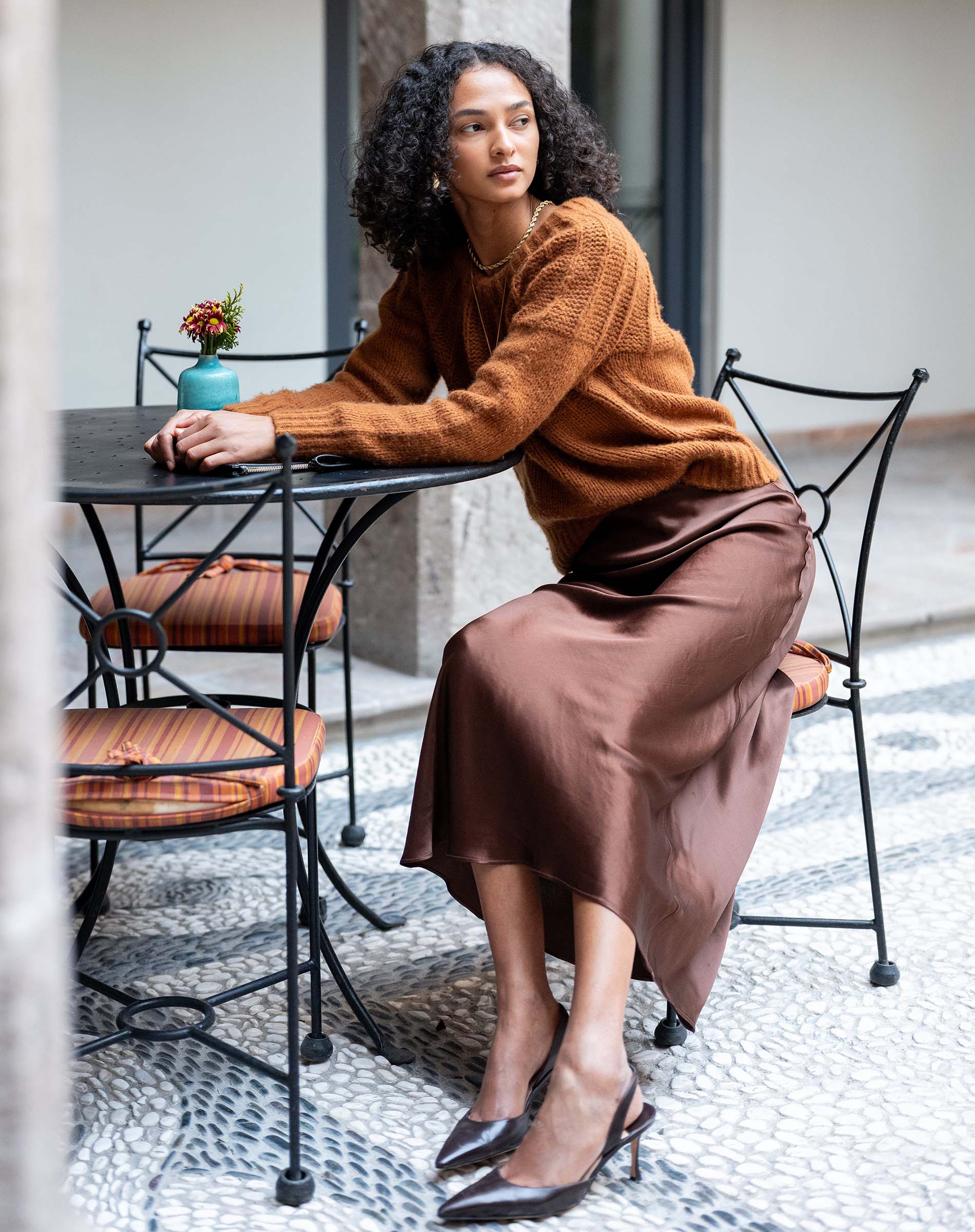 Cinder brown ribbed knit Noelle ribbon tie sweater