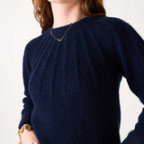Navy blue ribbed knit sweater with a wide neckline and textured weave.
