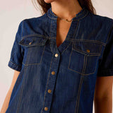MERSEA women's travel-friendly indigo blue short-sleeve denim-style shirt with a split neck, button-down front, and chest pockets.