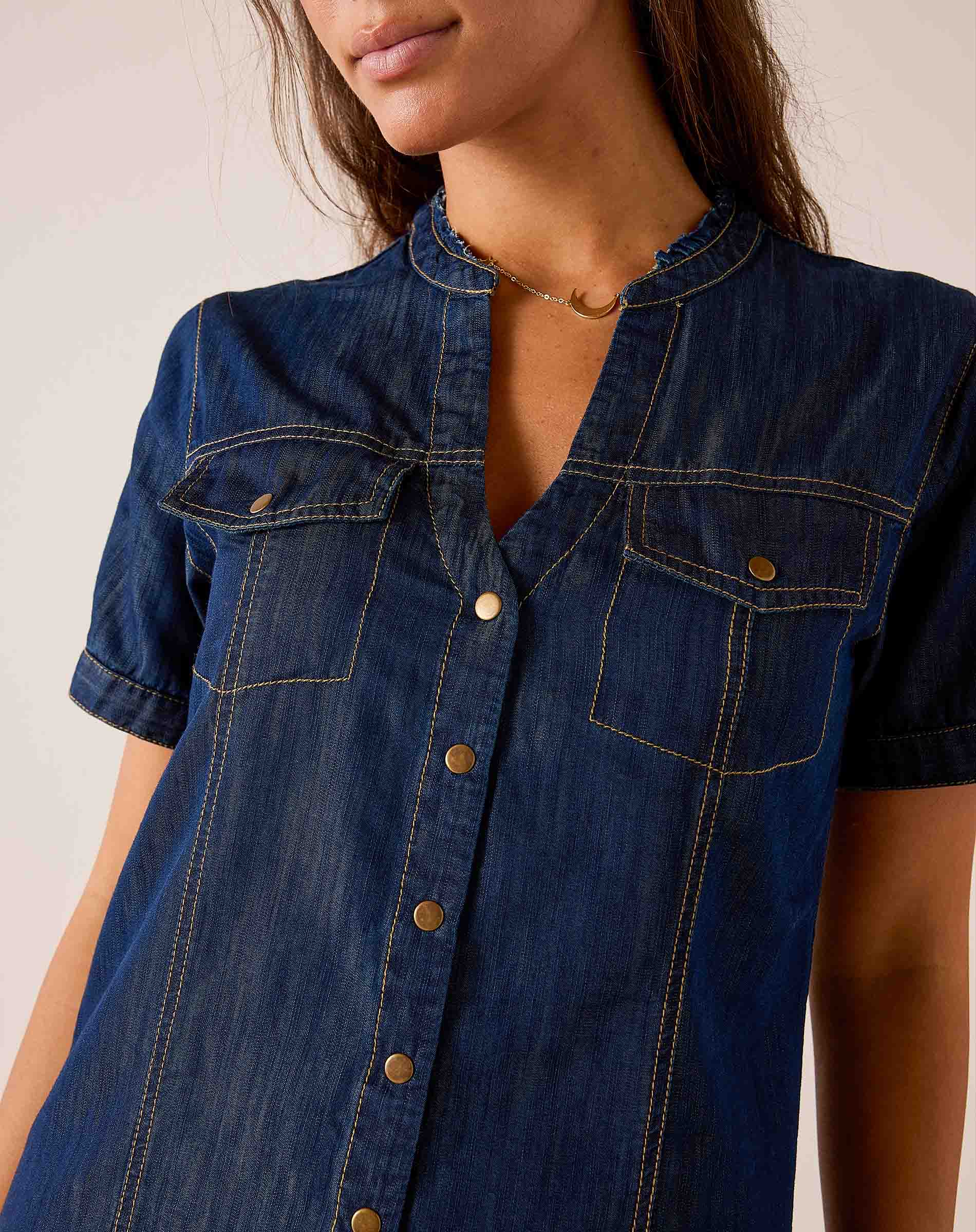 MERSEA women's travel-friendly indigo blue short-sleeve denim-style shirt with a split neck, button-down front, and chest pockets.