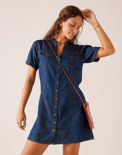 Dark blue denim button-down shirt dress with short sleeves and chest pockets.