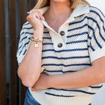 Women's Navy Striped Crochet Polo Sweater