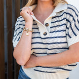Women's Navy Striped Crochet Polo Sweater