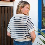 Women's Navy Striped Crochet Polo Sweater