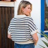 Women's Navy Striped Crochet Polo Sweater