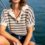 Women's Navy Striped Crochet Polo Sweater