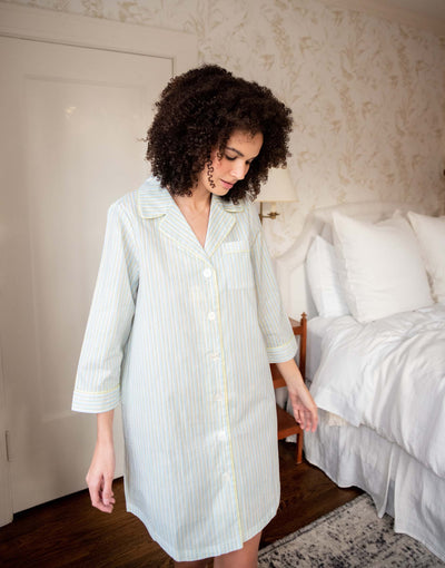 woman wearing over the cotton moon nightshirt in bedroom