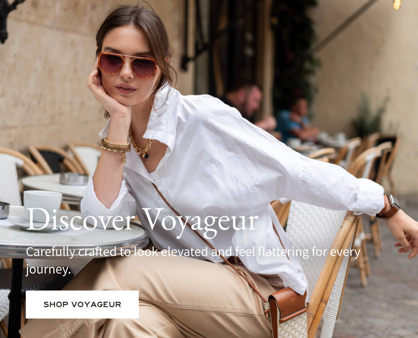 Woman sitting outdoors with 'Discover Voyageur' text overlay
