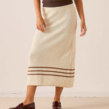 Women's travel-friendly ecru and almond crochet midi skirt with horizontal stripes and pointelle knit detail.