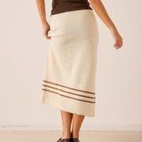 Ecru and almond crochet knit midi skirt with horizontal striped detailing