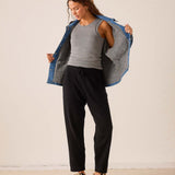 MERSEA ladies' travel-ready black tapered cashmere pants with an elastic drawstring waist.