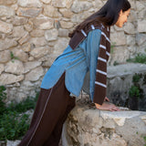 Women's travel-friendly truffle colored cashmere tapered pants featuring a side stripe detail.
