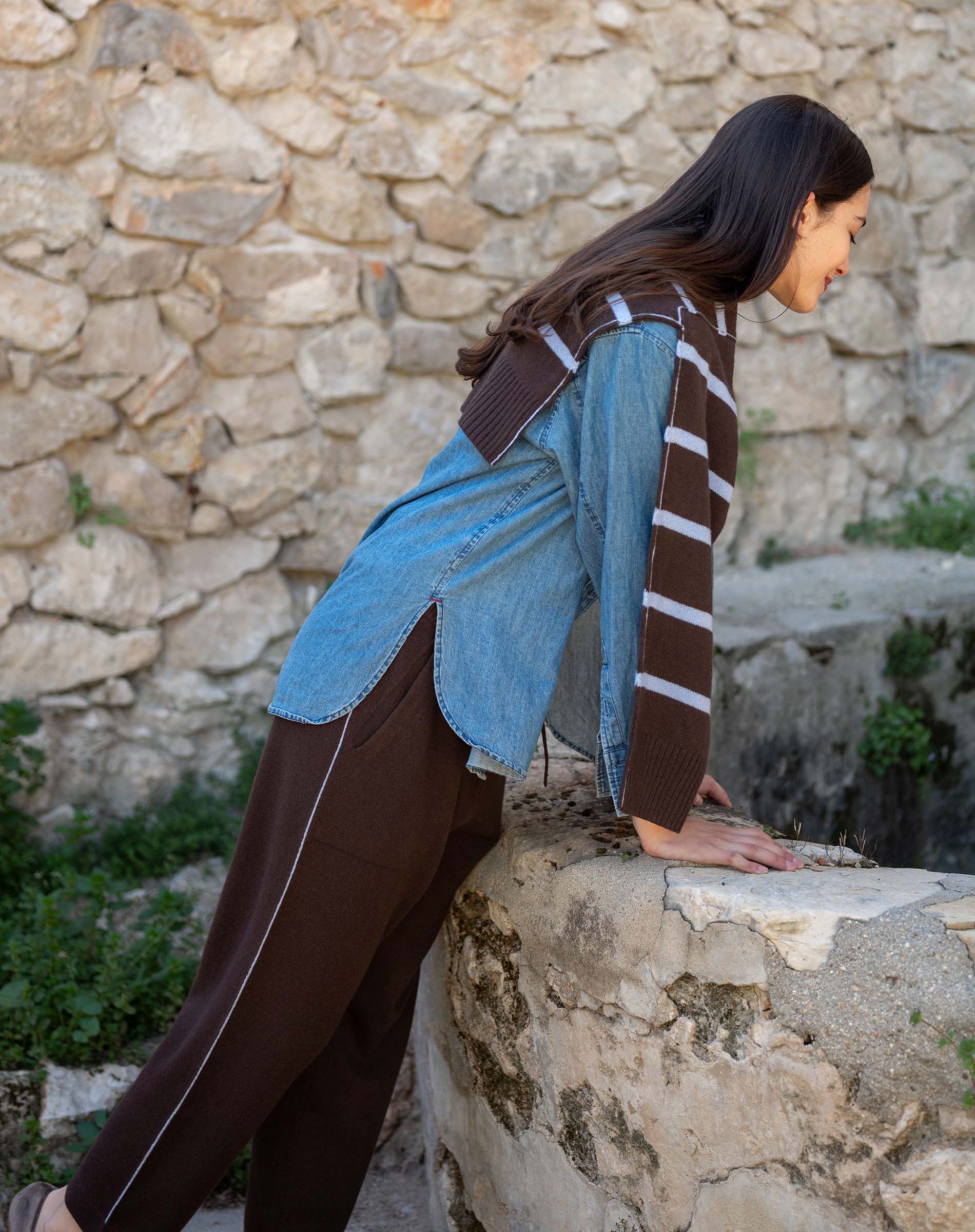 Women's travel-friendly truffle colored cashmere tapered pants featuring a side stripe detail.