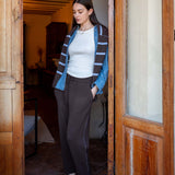 Truffle colored cashmere tapered pant with a subtle side stripe.