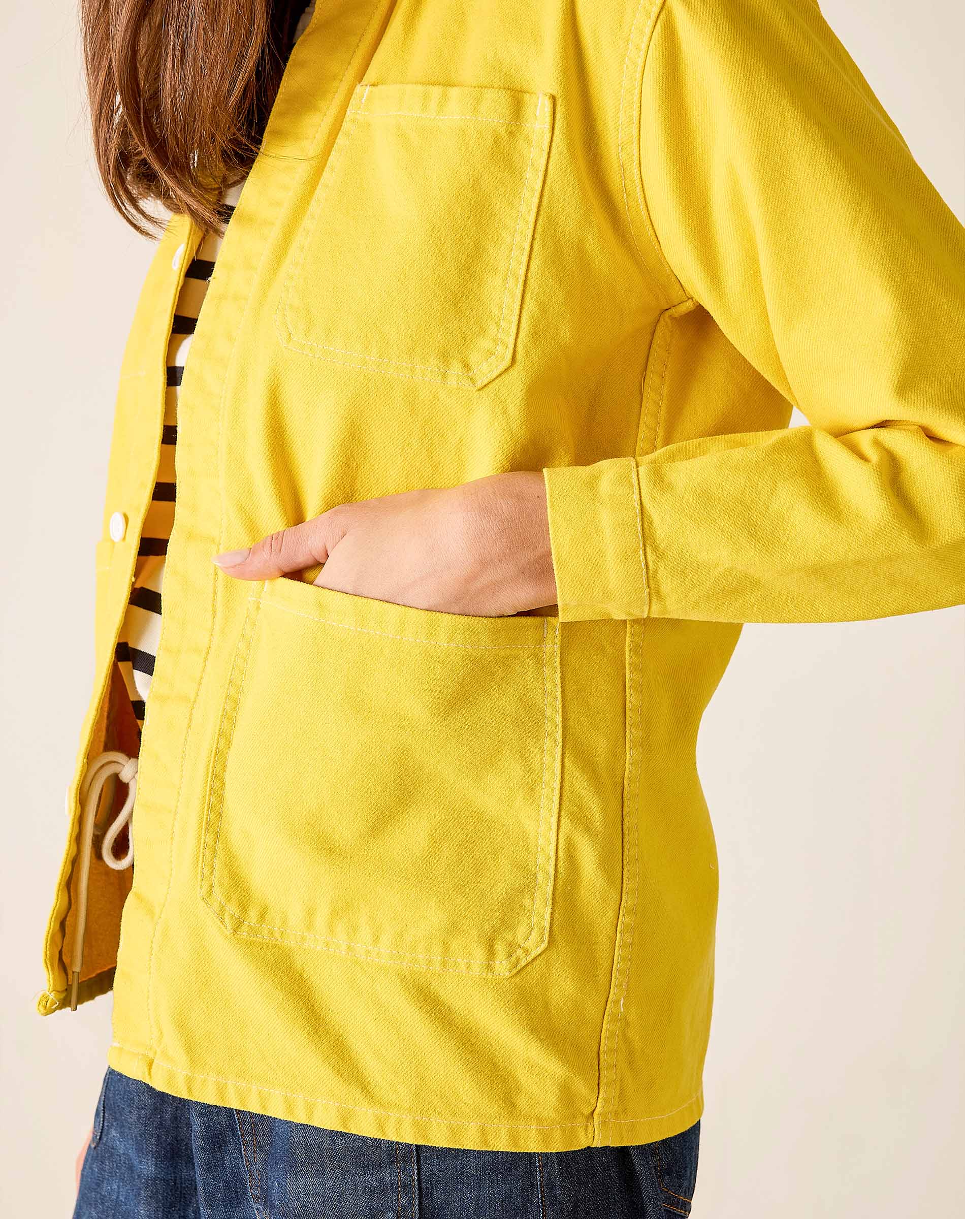 Person wearing a yellow jacket with a neutral background