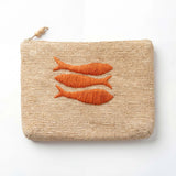 Beige pouch with orange fish designs on a white background