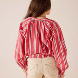 Back view of women's travel-friendly red and white striped poet top with voluminous sleeves and elasticated waist.