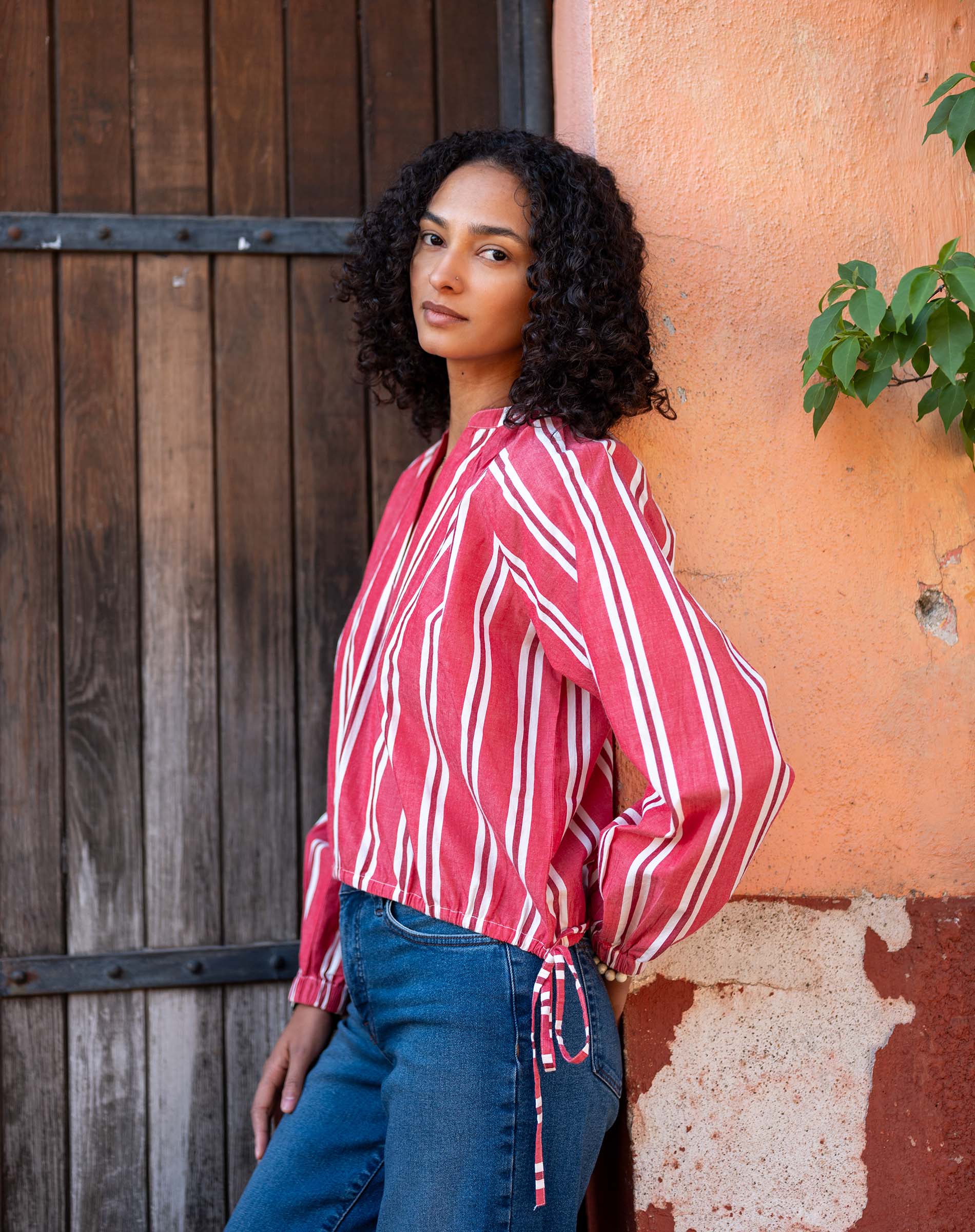 Women's Red Striped Long Sleeve Blouse